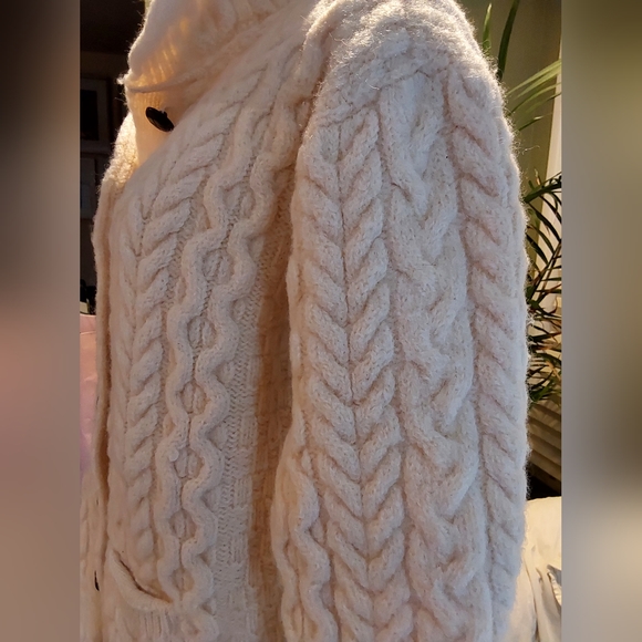 Aran Irish Fisherman Cable Knit Sweater Collared Neck 100% Wool Women Natural XL - Picture 7 of 13